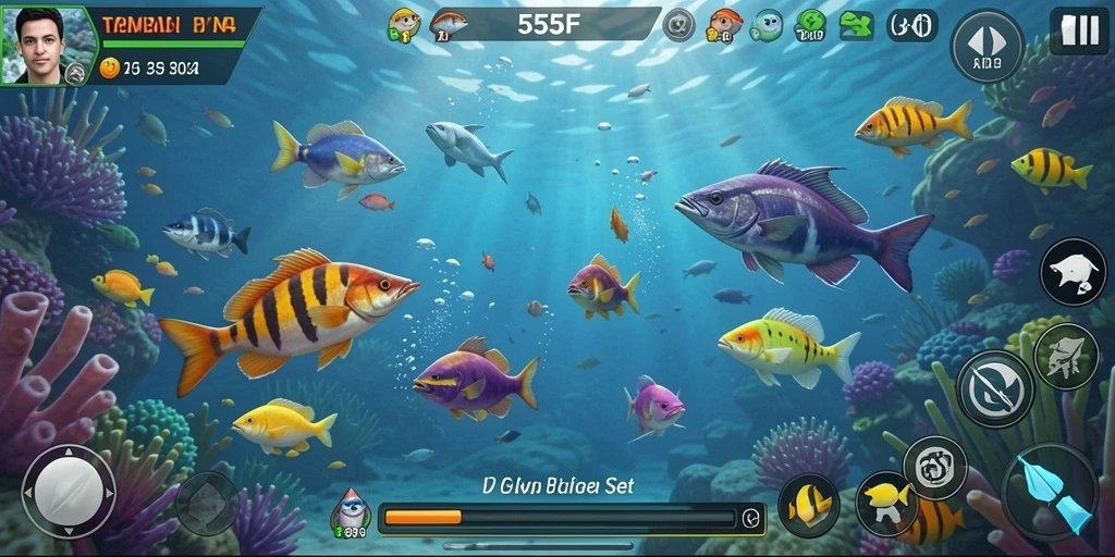 Tampilan gameplay 555F dengan aksi menembak ikan yang seru.