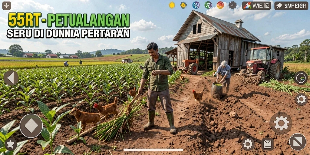 Tangkapan layar gameplay 55RT menampilkan petani dalam suasana ladang yang subur.