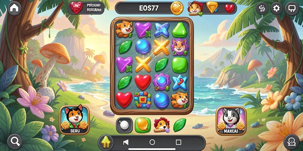 Tangkapan layar utama menampilkan gameplay seru Match-3 di EOS77.