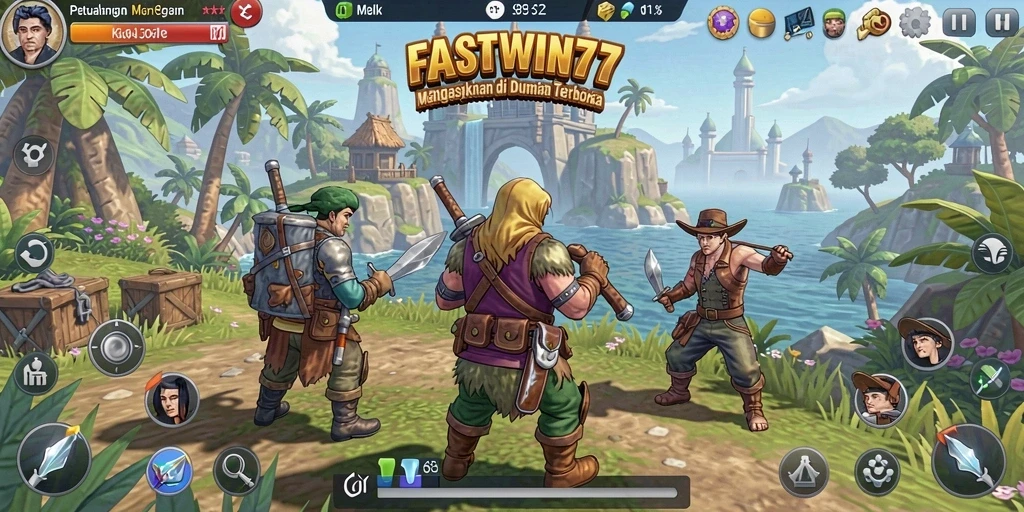 Screenshot menunjukkan pemain menjelajahi pemandangan indah dalam FASTWIN77.