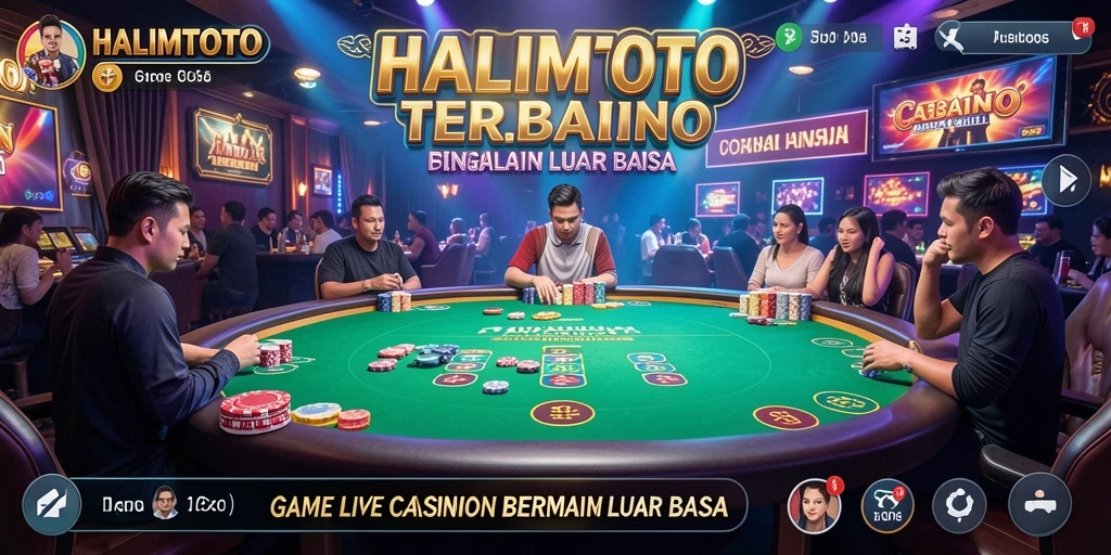 Screenshot gameplay HALIMTOTO menampilkan dealer langsung dan suasana casino yang menyenangkan.