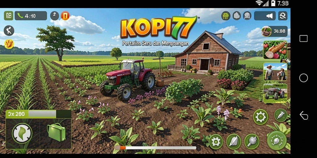 Tampilan gameplay KOPI77 dengan kebun kopi yang subur.