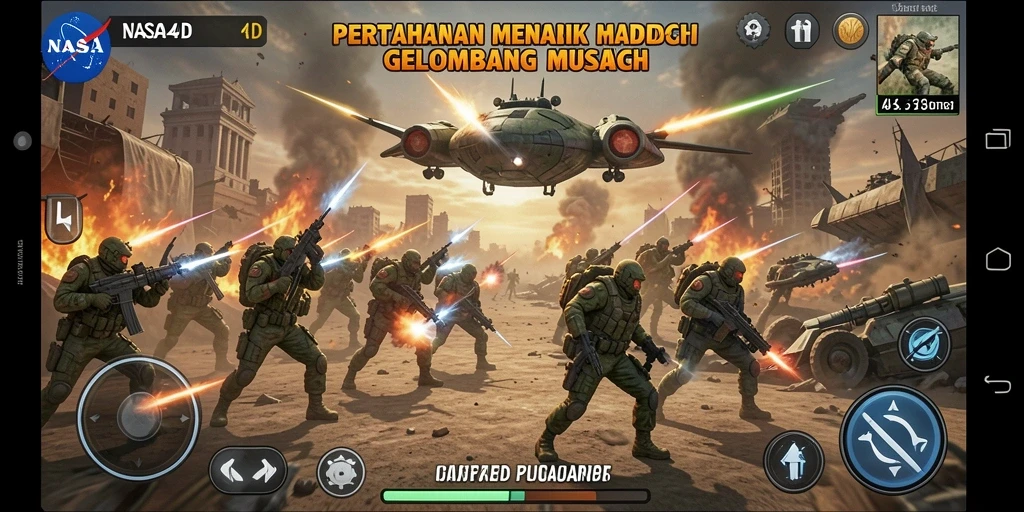 Tampilan gameplay menegangkan dalam NASA4D dengan berbagai menara pertahanan.