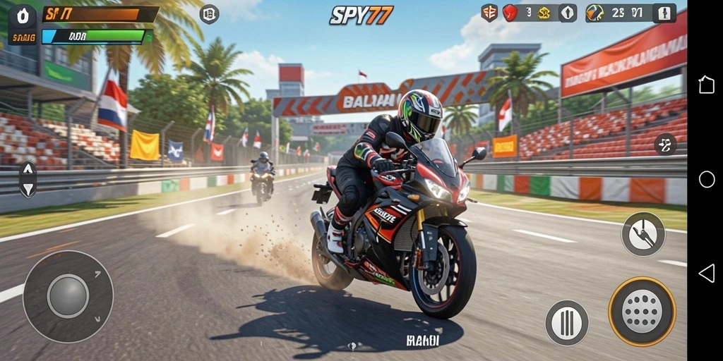 Tampilan spektakuler dari gameplay balapan motor yang mendebarkan di SPY77.
